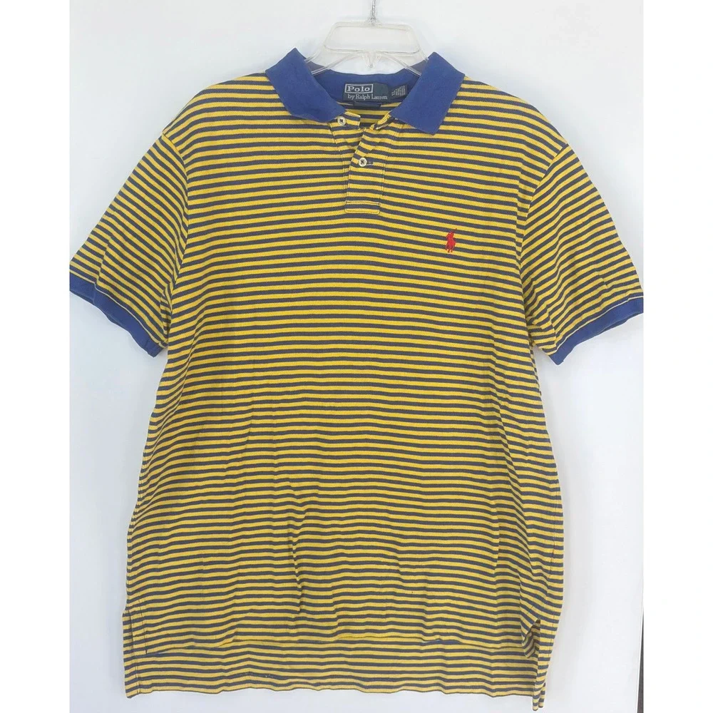 Polo Ralph Lauren Mens XL Custom Fit Striped Polo Shirt Yellow Blue Red Pony
